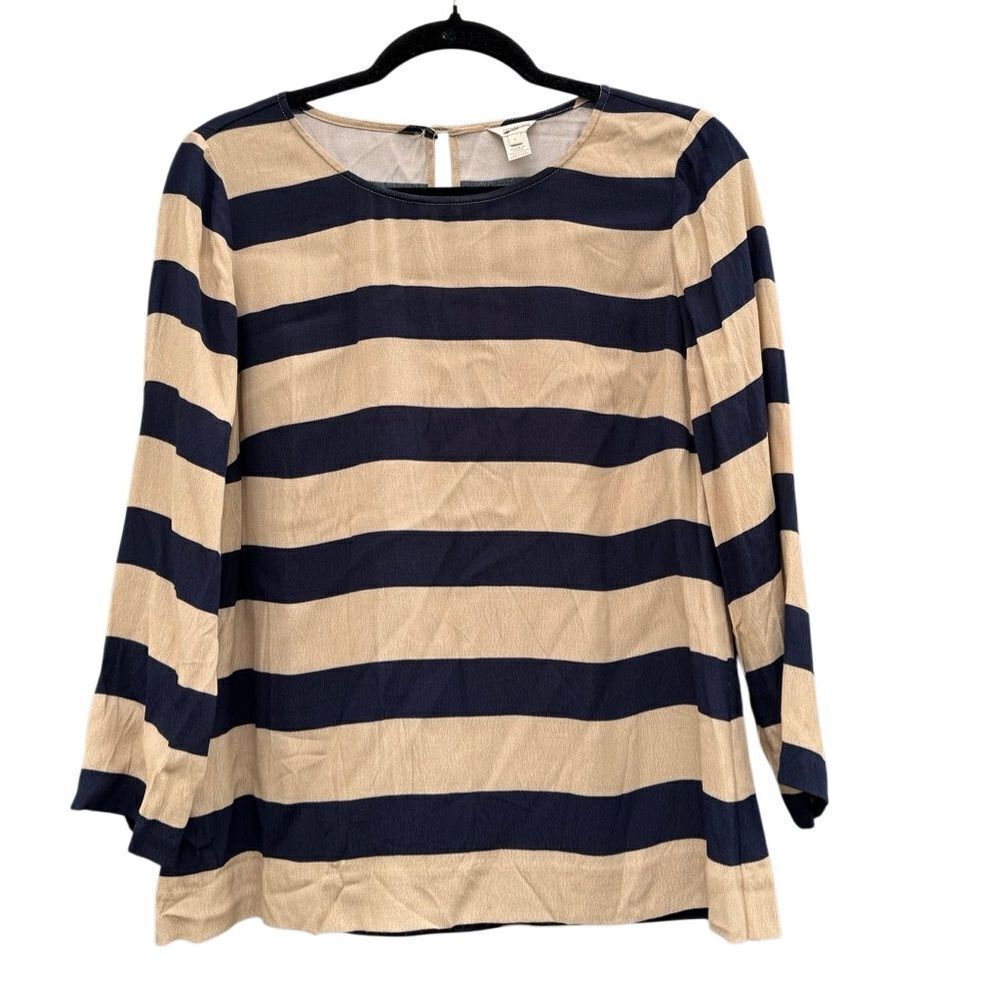 J. Crew Scoopneck Blouse in Navy Tan Seine Stripe Size 6 - Picture 4 of 6